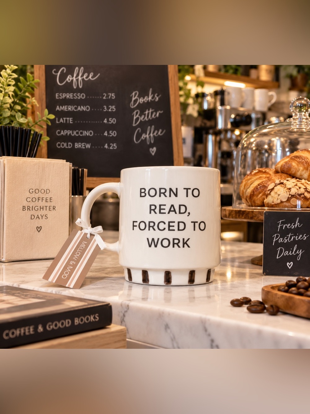 White Ceramic Mug with 'Born to Read, Forced to Work' Text